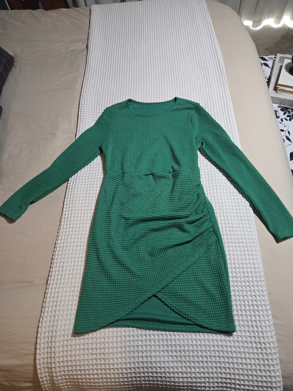 Emerald Textured Long-Sleeve Ruched Wrap Dress